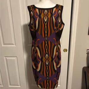 Tahari Purple and Orange Geometric Midi Dress